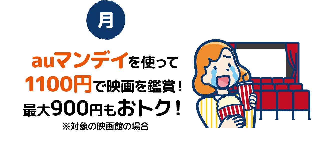 [月]auマンデイを使って1100円で映画を鑑賞！最大900円もおトク！※対象の映画館の場合