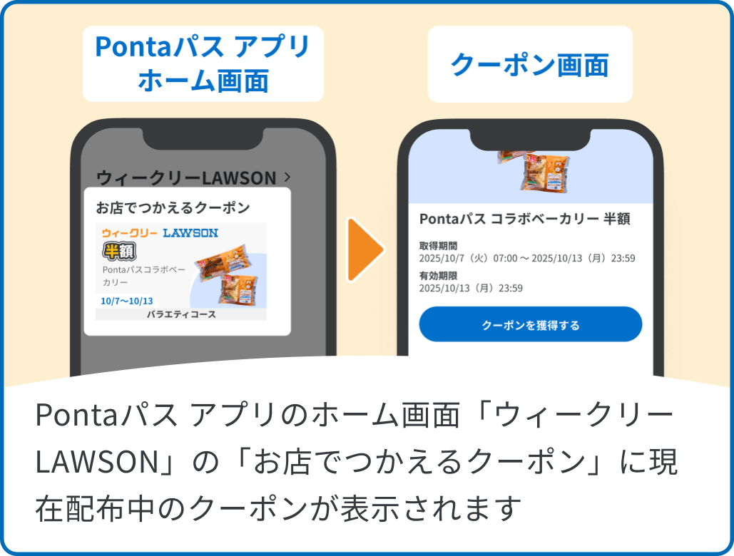 Pontaパス アプリのホーム画面「ウィークリーLAWSON」の「お店でつかえるクーポン」に現在配布中のクーポンが表示されます