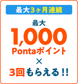 最大3ヶ月連続 最大1,000Pontaポイント×３回もらえる!!