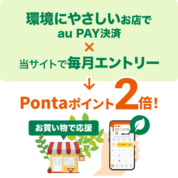 環境にやさしいお店で au PAY決済 当サイトで毎月エントリー Pontaポイント2倍