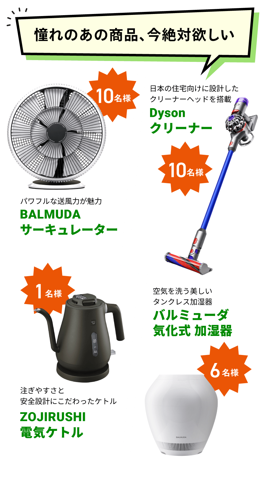 BALMUDAサーキュレーター 10名様/Dyson クリーナー 10名様/ZOJIRUSHI 電気ケトル 1名様/バルミューダ気化式 加湿器 6名様