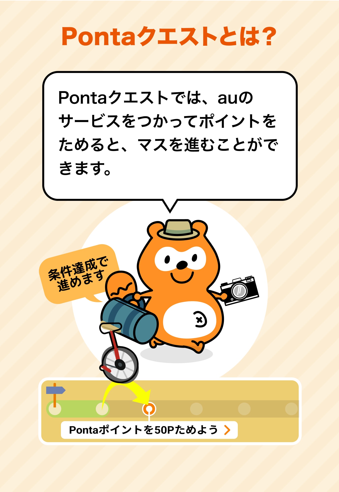 Pontaクエストとは？ Pontaクエストでは、auのサービスをつかってポイントをためると、マスを進むことができます。 条件達成で進めます