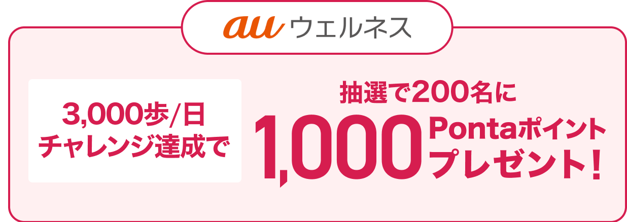 auウェルネス 3000歩チャレンジ達成で 抽選で200名に1,000Pontaポイントプレゼント！