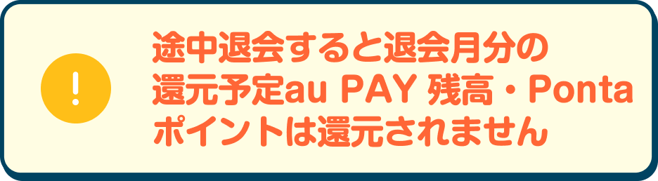 途中退会すると退会月分の還元予定au PAY 残高・Pontaポイントは付与されません