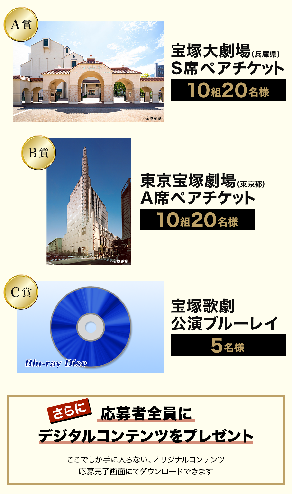 ・A賞：宝塚大劇場公演　S席ペアチケット 10組20名様※2026年1月17日（土）・B賞：東京宝塚劇場公演　A席ペアチケット 10組20名様※2026年1月24日（土）・C賞：宝塚歌劇ブルーレイ 5名様