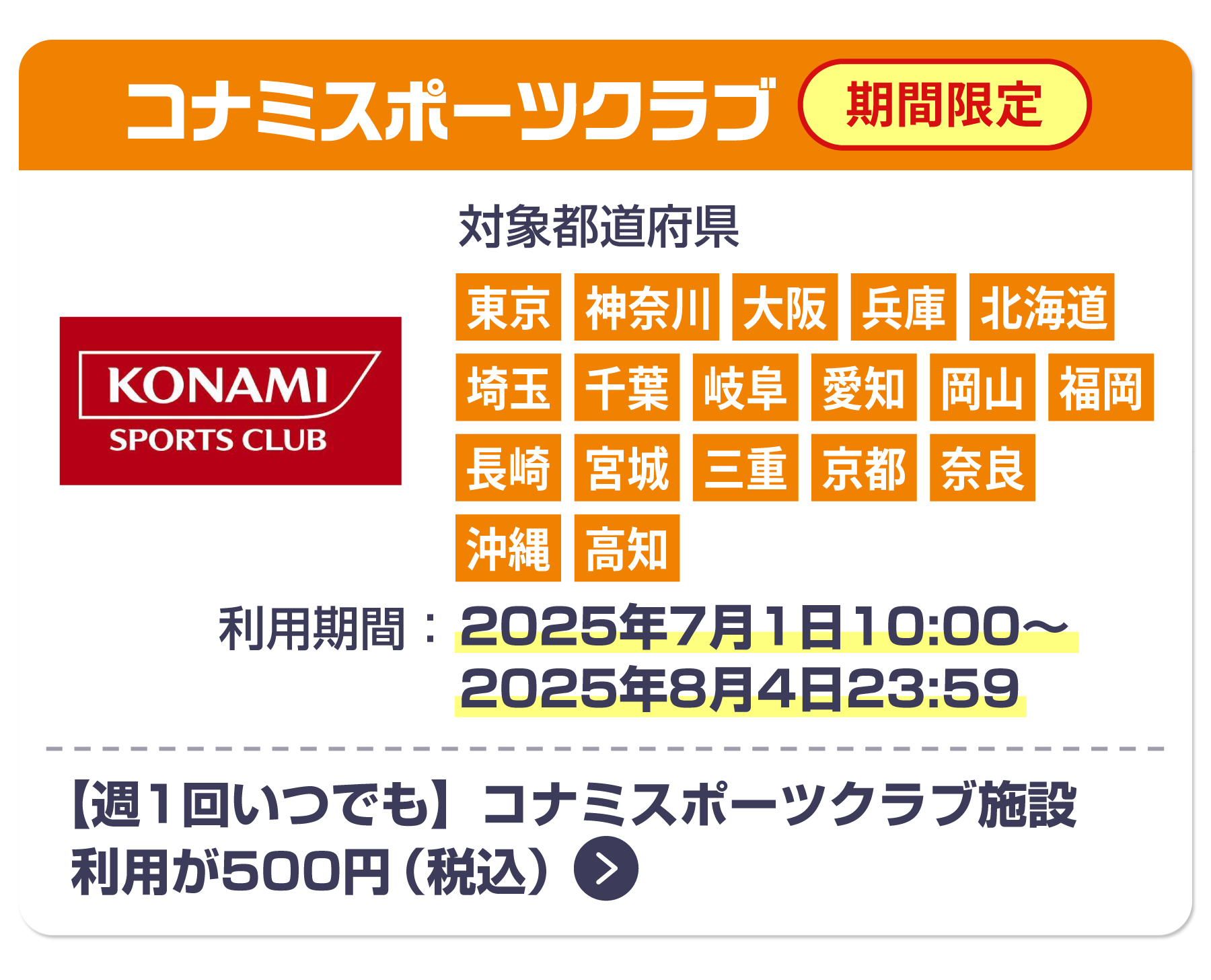 【週1回いつでも】コナミスポーツクラブ施設利用が500円(税込)