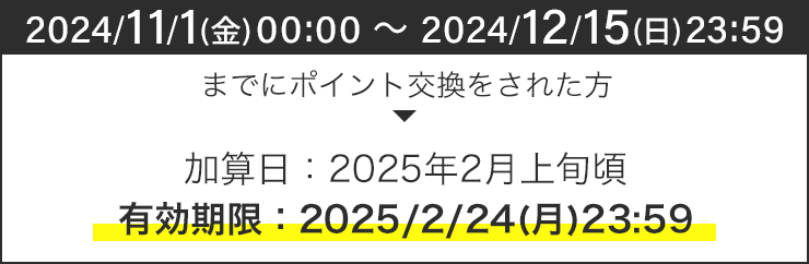 【2024/11/1(金)00:00 〜 2024/12/15(日)23:59までにポイント交換をされた方】有効期限：2025/2/24(月)23:59